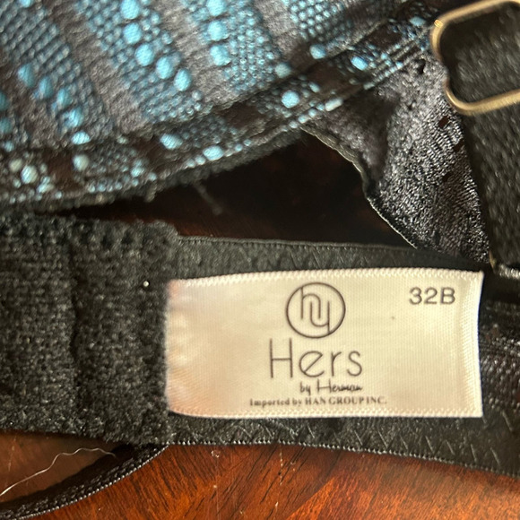 Hers by Herman Bra Women 32B Black Blue Lace Stripe Padded Underwire Push Up NEW - Picture 7 of 8